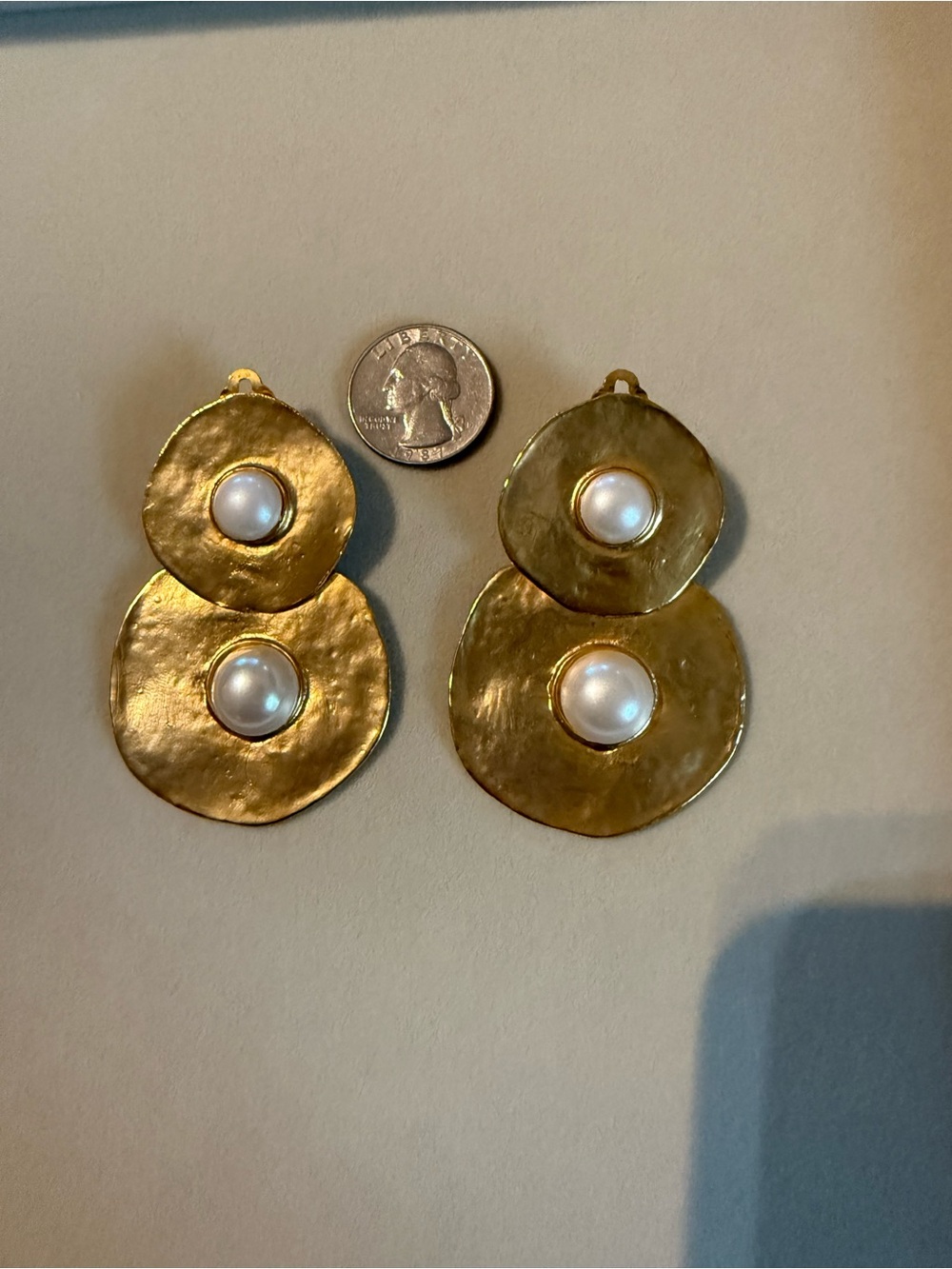 Gold Pearl Double Disc Drop Earrings by